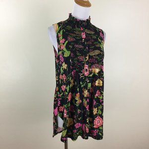 AKEMI+KIN Anthropologie Black Multi-Color Floral Print Mock Neck Button Top